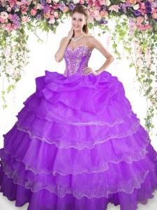 Sophisticated Purple Sleeveless Floor Length Beading and Ruffled Layers and Pick Ups Lace Up Ball Gown Prom Dress