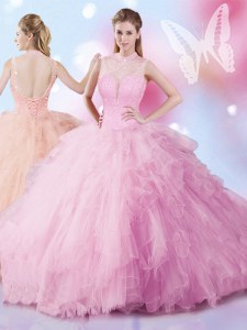 Custom Design Tulle Sleeveless Lace Up Beading and Ruffles Quinceanera Gown in Rose Pink