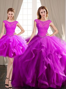 Three Piece Scoop Cap Sleeves Quince Ball Gowns With Brush Train Beading and Appliques and Ruffles Fuchsia Tulle