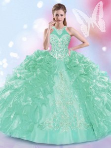 Modern Halter Top Apple Green Ball Gowns Appliques and Ruffles Quinceanera Dresses Lace Up Organza Sleeveless Floor Length