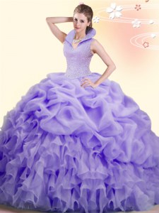 Lavender Sleeveless Beading and Ruffles and Pick Ups Backless Ball Gown Prom Dress