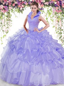 Glittering High-neck Sleeveless Organza Quinceanera Dress Beading and Ruffled Layers Backless