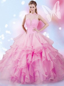 Romantic Sleeveless Floor Length Beading and Ruffles Lace Up 15th Birthday Dress with Rose Pink