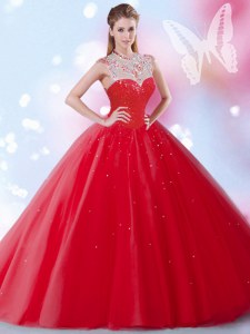 Floor Length Zipper Quinceanera Gown Red for Military Ball and Sweet 16 and Quinceanera with Beading and Sequins
