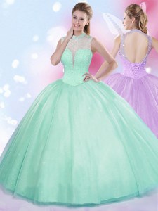 Dramatic Beading Sweet 16 Quinceanera Dress Apple Green Lace Up Sleeveless Floor Length
