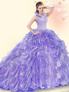 Organza High-neck Sleeveless Brush Train Backless Beading and Ruffles Quince Ball Gowns in Lavender