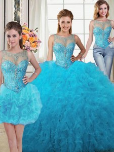 Inexpensive Three Piece Scoop Baby Blue Sleeveless Beading and Ruffles Floor Length Quinceanera Gown