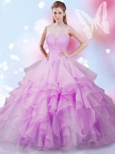 Stylish High-neck Sleeveless Lace Up 15th Birthday Dress Lilac Tulle