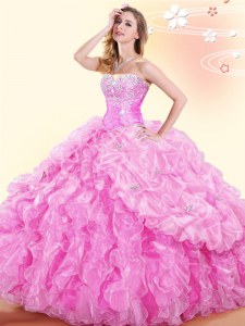 Exquisite Rose Pink Lace Up Sweetheart Beading and Ruffles and Pick Ups 15 Quinceanera Dress Organza Sleeveless