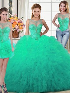 Three Piece Tulle Scoop Sleeveless Lace Up Beading and Ruffles Sweet 16 Dress in Turquoise