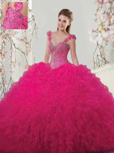 Fancy Straps Hot Pink Sleeveless Beading and Ruffles and Hand Made Flower Floor Length 15 Quinceanera Dress
