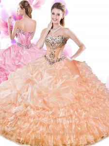 Sumptuous Beading and Ruffled Layers and Pick Ups Sweet 16 Dresses Orange Lace Up Sleeveless Floor Length
