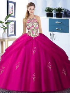 Sweet Halter Top Sleeveless Lace Up Floor Length Embroidery and Pick Ups Ball Gown Prom Dress