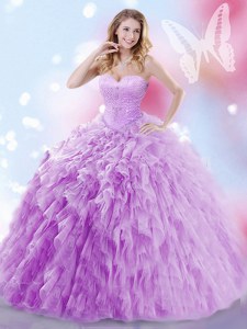 Eye-catching Lavender Lace Up Quinceanera Gown Beading and Ruffles Sleeveless Brush Train