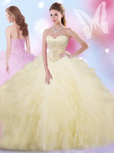 Captivating Light Yellow Sleeveless Beading and Ruffles Floor Length Quinceanera Gown