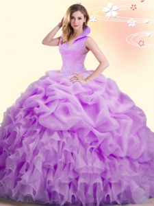 Backless Organza Sleeveless Floor Length Quince Ball Gowns and Beading and Appliques and Pick Ups