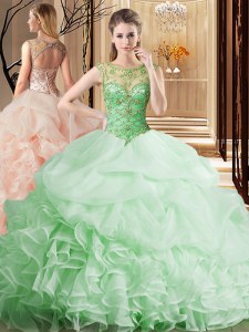 Organza Scoop Sleeveless Brush Train Lace Up Beading and Ruffles and Pick Ups Quinceanera Dresses in Apple Green