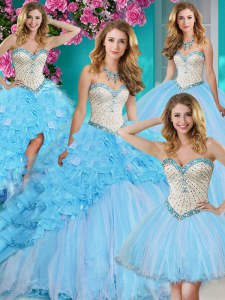 Four Piece Sleeveless With Train Beading and Ruffles Lace Up Quinceanera Dresses with Baby Blue Brush Train