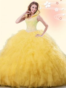 Yellow Backless 15 Quinceanera Dress Beading and Ruffles Sleeveless Floor Length