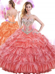 Eye-catching Watermelon Red Ball Gowns Organza Sweetheart Sleeveless Beading and Ruffled Layers and Pick Ups Floor Length Lace Up Quince Ball Gowns