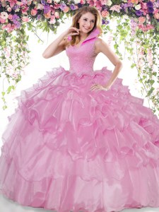 Lilac Ball Gowns Beading and Ruffled Layers Ball Gown Prom Dress Backless Organza Sleeveless Floor Length