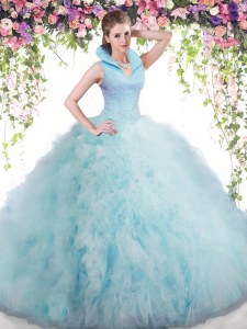 Backless Floor Length Baby Blue Quinceanera Dresses Tulle Sleeveless Beading and Ruffles