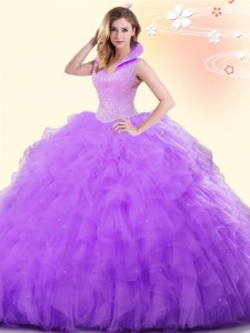 Sweet Lavender Sleeveless Tulle Backless Sweet 16 Quinceanera Dress for Military Ball and Sweet 16 and Quinceanera