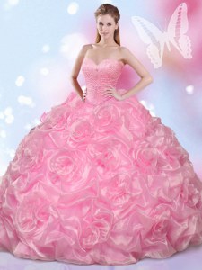 Rose Pink Ball Gowns Sweetheart Sleeveless Fabric With Rolling Flowers Floor Length Lace Up Beading 15th Birthday Dress