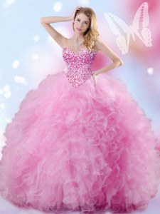 Custom Made Rose Pink Sweetheart Neckline Beading and Ruffles Quinceanera Dress Sleeveless Lace Up