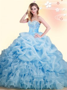 Baby Blue Ball Gowns Beading and Ruffles and Pick Ups 15 Quinceanera Dress Lace Up Organza Sleeveless With Train