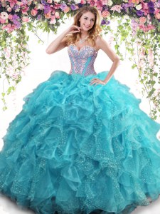 Aqua Blue Lace Up Sweetheart Beading and Ruffles Quinceanera Gowns Organza Sleeveless