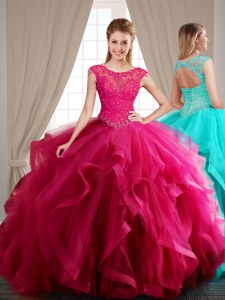 Fashionable Scoop Hot Pink Cap Sleeves Brush Train Beading and Appliques and Ruffles With Train Quinceanera Gown