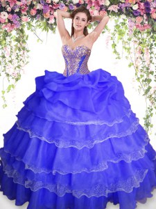 Vintage Blue Ball Gowns Organza Sweetheart Sleeveless Beading and Ruffled Layers and Pick Ups Floor Length Lace Up Quinceanera Gown