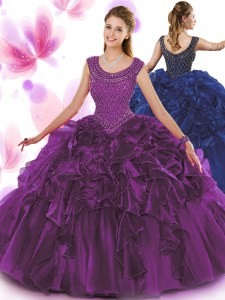 Clearance Dark Purple Ball Gowns Organza Scoop Sleeveless Beading and Ruffles Floor Length Zipper Sweet 16 Dresses