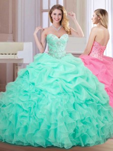 Fine Sleeveless Organza Floor Length Lace Up Sweet 16 Quinceanera Dress in Apple Green with Beading and Ruffles and Pick Ups