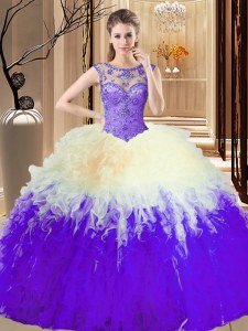 Inexpensive Scoop Multi-color Ball Gowns Beading 15 Quinceanera Dress Lace Up Tulle Sleeveless Floor Length
