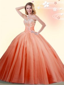 Floor Length Ball Gowns Sleeveless Orange Red Quinceanera Dresses Lace Up