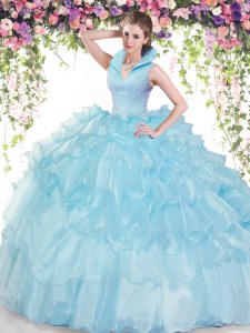 Top Selling Baby Blue Organza Backless High-neck Sleeveless Floor Length Quince Ball Gowns Beading and Ruffled Layers