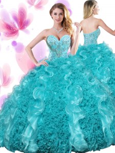 Great Teal Lace Up Sweet 16 Dresses Beading and Ruffles Sleeveless Floor Length