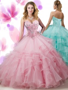 Eye-catching Pink Lace Up 15th Birthday Dress Beading and Ruffled Layers Sleeveless Floor Length