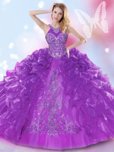Purple Quinceanera Gowns Military Ball and Sweet 16 and Quinceanera and For with Appliques and Ruffled Layers Halter Top Sleeveless Lace Up