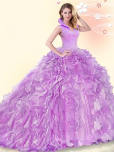 Lilac 15th Birthday Dress High-neck Sleeveless Brush Train Backless