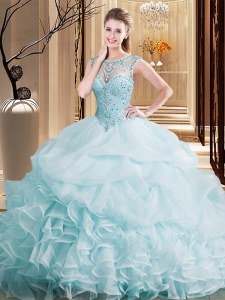 Sweet Pick Ups Scoop Sleeveless Brush Train Lace Up Quinceanera Dresses Light Blue Organza