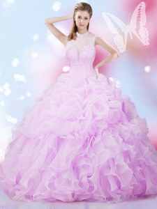Lilac Organza Lace Up Sweet 16 Dress Sleeveless Floor Length Beading and Ruffles and Pick Ups