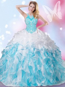 Halter Top Blue And White Organza Lace Up 15th Birthday Dress Sleeveless Floor Length Beading and Ruffles and Pick Ups