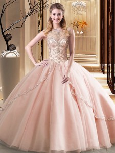 Glittering Scoop Beading Sweet 16 Dresses Peach Lace Up Sleeveless Brush Train