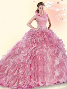 Best Pink Sweet 16 Dress High-neck Sleeveless Brush Train Backless