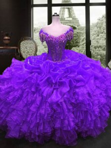 Cap Sleeves Floor Length Beading and Ruffles Lace Up Sweet 16 Dresses with Purple