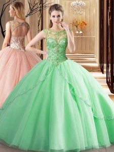 Apple Green Quinceanera Dress Scoop Sleeveless Brush Train Lace Up