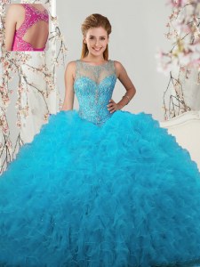 Dramatic Baby Blue Scoop Lace Up Beading and Ruffles Quinceanera Gown Sleeveless